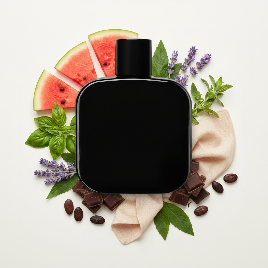 Notas aromáticas — sandía, albahaca, lavanda, chocolate oscuro y pachulí