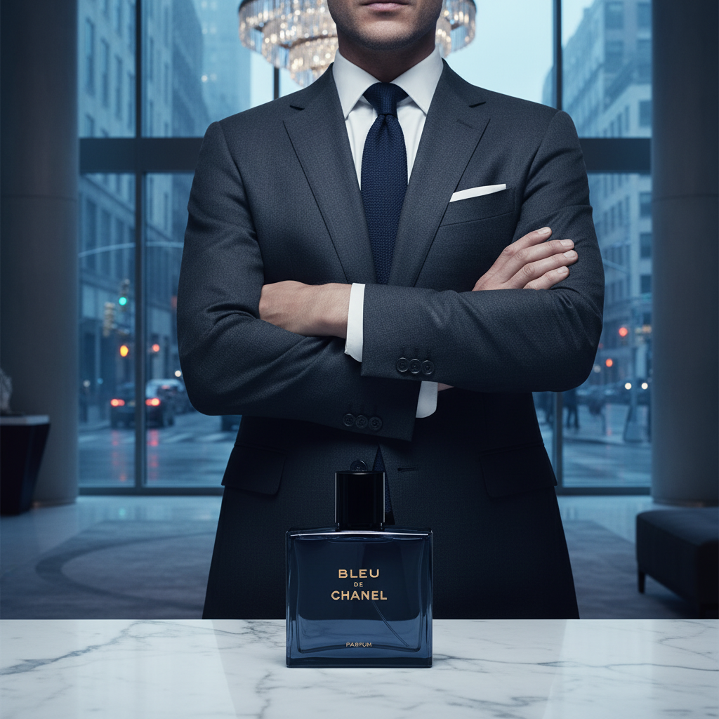 Escena de uso — fragancia masculina elegante en entorno urbano sofisticado