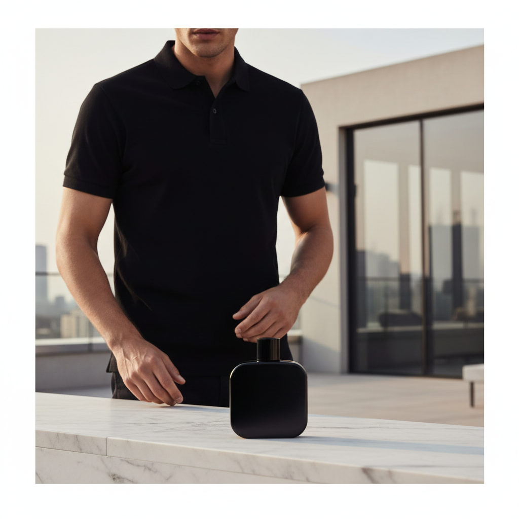 Escena de uso — fragancia masculina elegante en entorno urbano