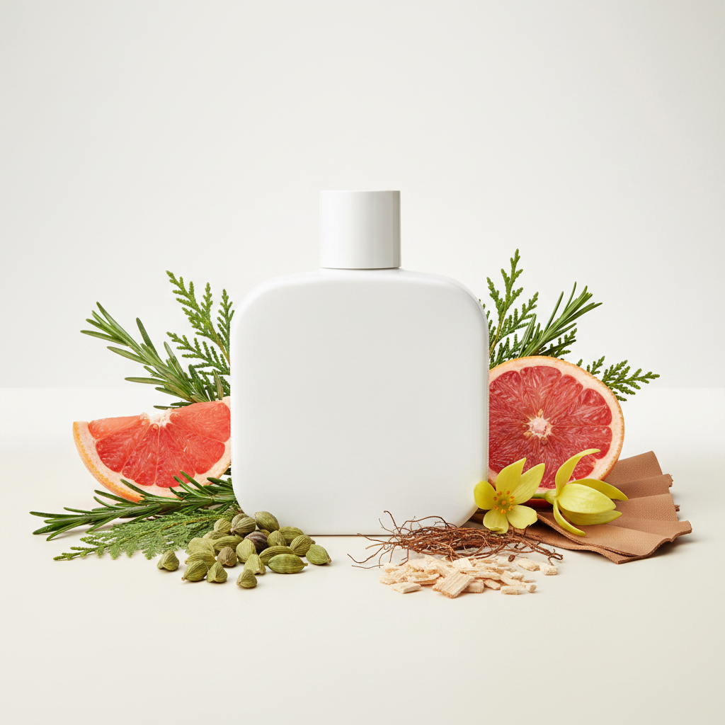 Notas aromáticas — toronja, romero, cedro, ylang-ylang y vetiver