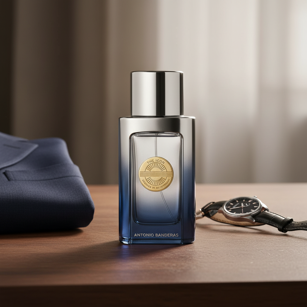 The Icon Elixir — frasco con traje y reloj de lujo